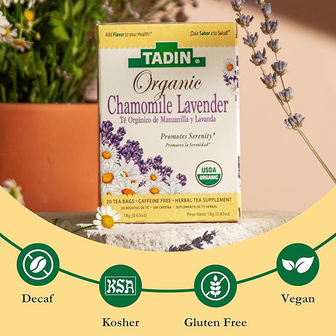 Tadin Organic Chamomile Lavender Tea Caffeine Free Herbal Tea to Promote Serenity 20 Tea Bags Per Box Pack of 6