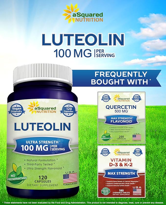 Luteolin 100mg - 120 Capsules - Luteolin Supplement &amp Powder Complex Pills Commonly Taken with Quercetin - Supports Brain &amp Memory Health