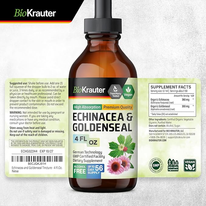 BIO KRAUTER® Echinacea Goldenseal for Immune &amp Respiratory Support - Pure Vegan Echinacea Drops with Goldenseal - Natural Respiratory Supplements 4 Fl.Oz 56-Day Supply - Alcohol &amp Sugar Free