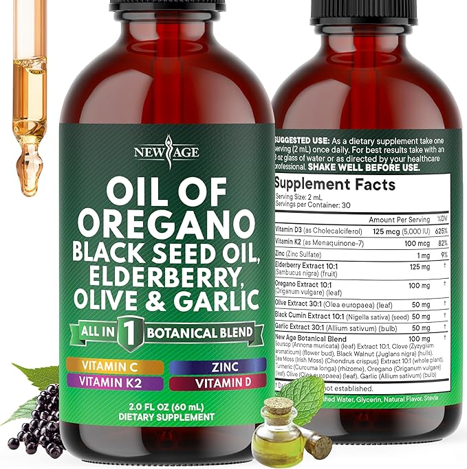 NEW AGE Oil of Oregano Drops - Black Seed Oil Elderberry Vitamin D D3 K2 Olive Garlic - Immune Support Supplement Wellness Formula Zinc Supplements Liquid - 2Fl Oz