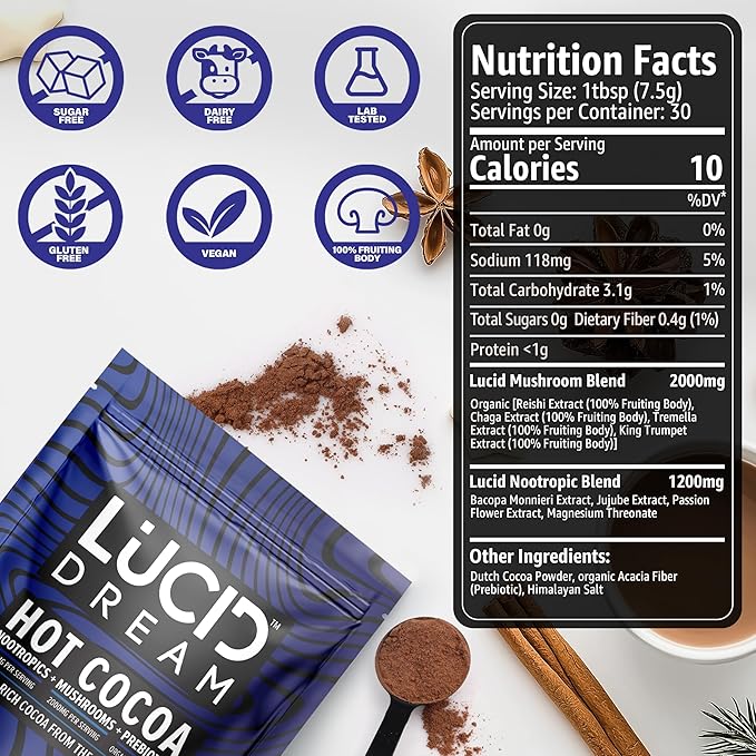Lucid Dream Mushroom Hot Cocoa for Sleep -Dreamy Nighttime Blend with Adaptogens for Relaxation-Boosts Melatonin for Better Rest (7.94 Ounces Chocolate)