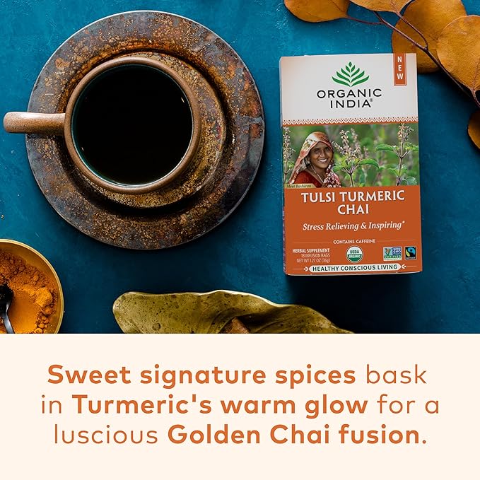 Organic India Tulsi Turmeric Chai Tea - Herbal Tea Bags with Caffeine Ginger Root Cinnamon Holy Basil Stress Relieving and Energizing Immune Support Helps Digestion - 18 Count Pack of 6