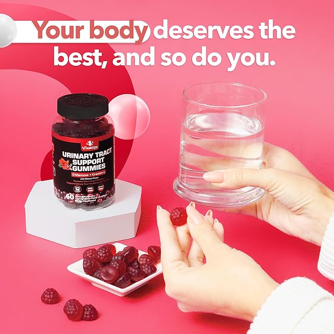 Potent Cranberry Gummies with D Mannose - Urinary Tract Health for Women &amp Men Urinary Flush &amp Bladder Fast-Acting Support Supplements with Hibiscus Powder 60 Count
