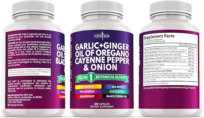 NEW AGE Garlic + Ginger Supplement - Oil of Oregano Cayenne Pepper Soursop Black Cumin Sea Moss Black Pepper - Black Seed Cleanse - 180 Count