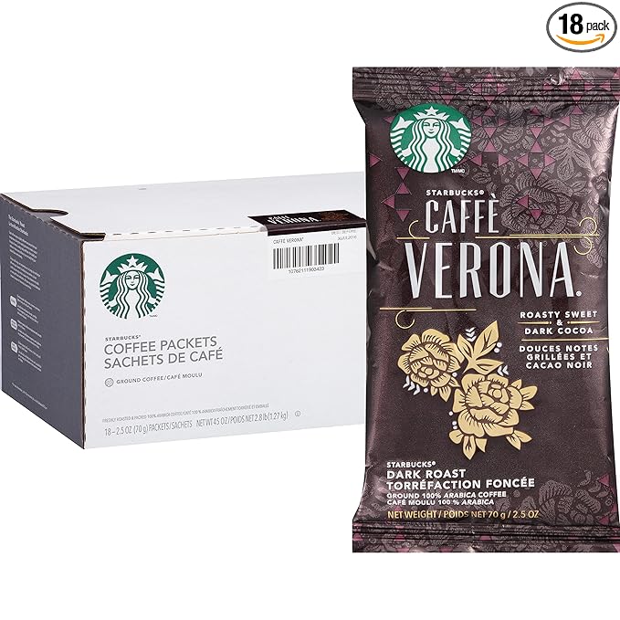 Starbucks SBK11018192 Drip-Brewing Single Pot Portions Caffe Verona Ground Coffee Packets Dark Roast (Pack of 18)