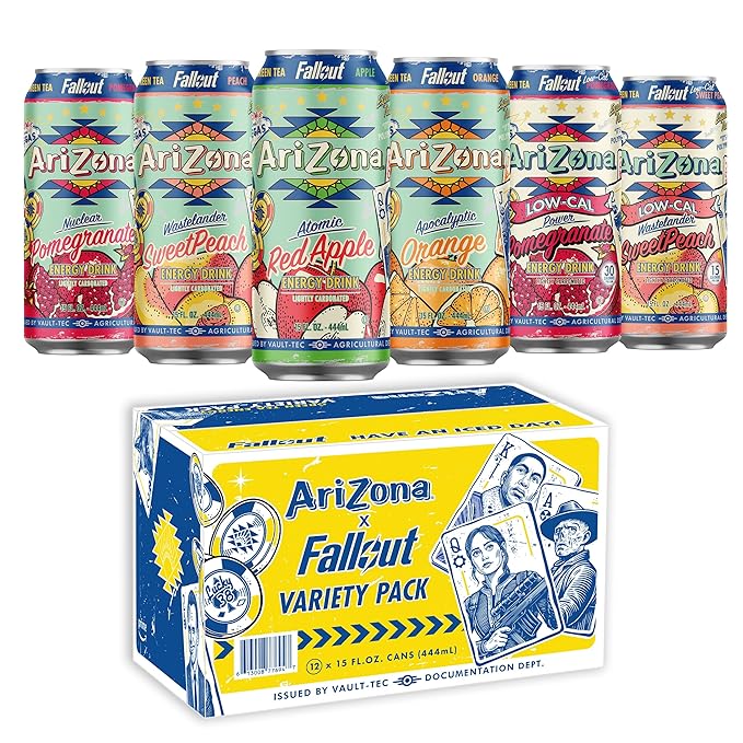 AriZona x Fallout Green Tea Energy Drink Variety Pack - 6 Flavors 15 fl oz (Pack of 12) - 190mg Caffeine per Can