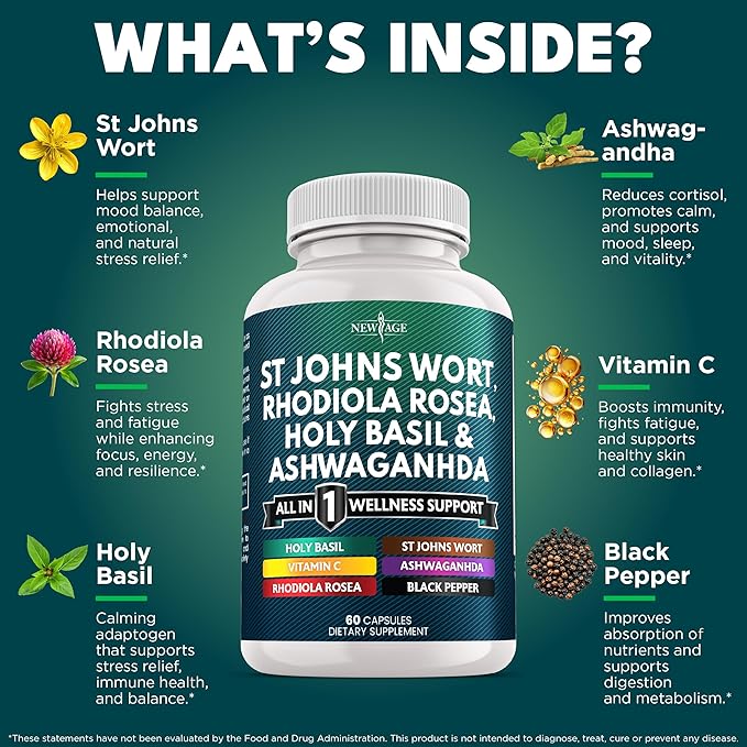 NEW AGE St Johns Wort Rhodiola Rosea Holy Basil Ashwagandha - Support for Women and Men with Vitamin C &amp Black Pepper Extract - 180 Count