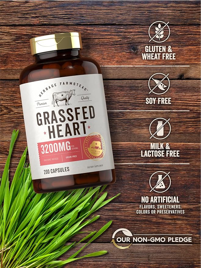 Carlyle Grass Fed Beef Heart Supplement | 3200mg | 200 Count | Desiccated Pasture Raised Bovine Capsules | Non-GMO Gluten Free | by Herbage Farmstead