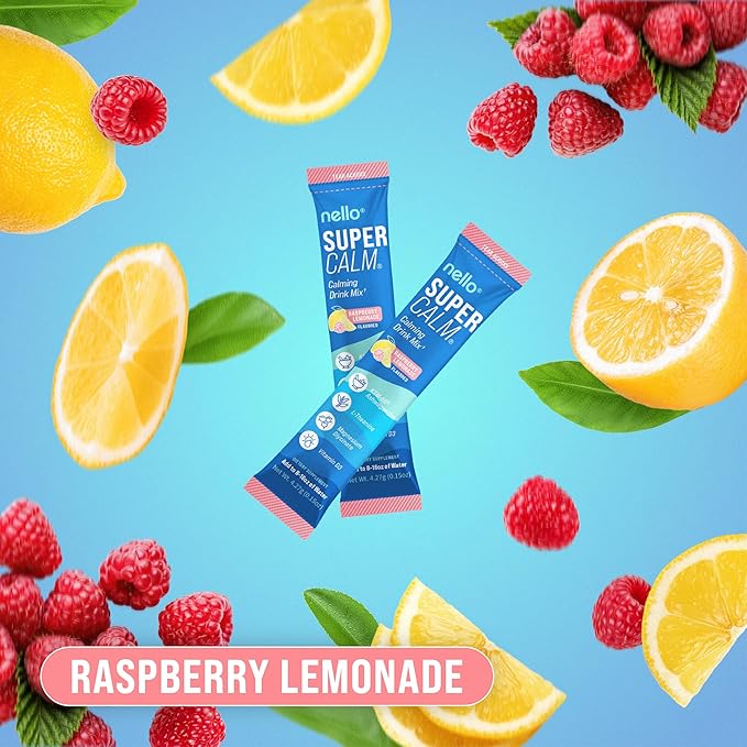 Nello Supercalm Drink Mix - Raspberry Lemonade and Tropical Tangerine Ashwagandha KSM 66 Magnesium Glycinate &amp L-Theanine Supplement - Focus and Relaxation Support (2 x 20 Travel Packets)