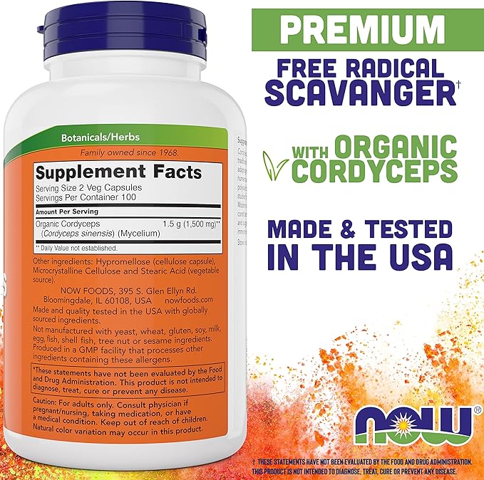 NOW Foods Cordyceps 750mg 200 Veg Caps - Organic Cordycep Sinensis Mycelium Mushroom in Non-Organic Capsules - Vegan Non-GMO