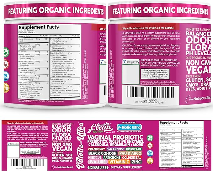 Clean Nutra Vaginal Probiotics for Women + Prebiotics Digestive Enzymes Bromelain Cranberry D Mannose Horsetail Black Cohosh Artichoke Hibiscus Flowers Probiotic for Digestive Health 90 Vegan Capsules
