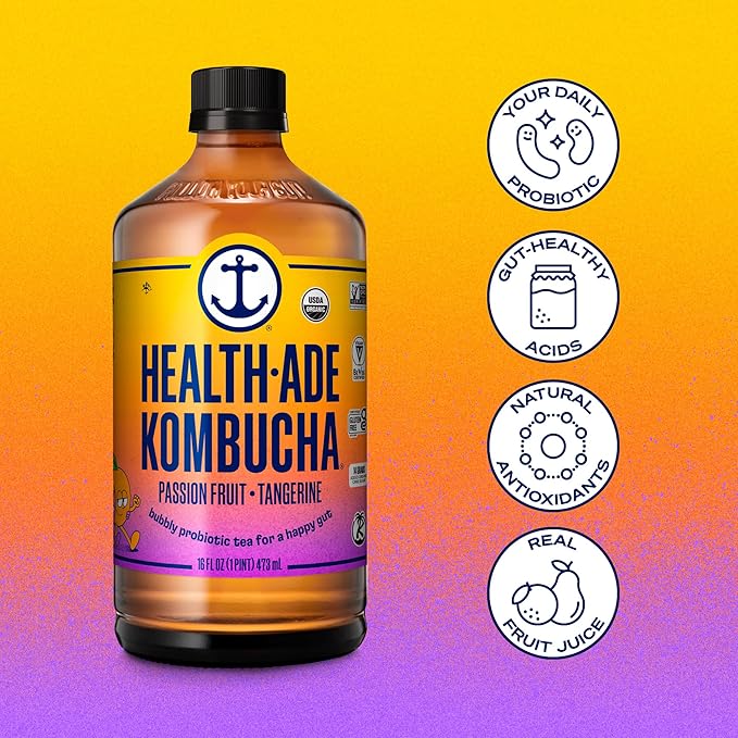 Health-Ade Kombucha Tea Organic Drink Fermented Tea with Living Probiotics Detoxifying Acids Supports Gut Health Non-GMO Vegan Gluten Free 12 Pack (16 Fl Oz Bottles) Passion Fruit Tangerine