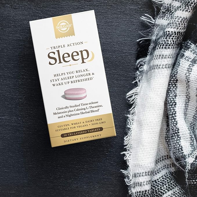 Solgar Triple Action Sleep 90 Tri-Layer Tablets - Time-Release Melatonin &amp L-Theanine Plus Herbal Blend - Helps You Relax - Non-GMO Gluten Free - 90 Servings