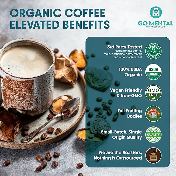 Organic Lion's Mane &amp Chaga Mushroom Coffee Ground Dark Roast Full Fruiting Bodies For Enhanced Brain Function Immune Support Wellbeing Grade 1 Single Origin 12oz - Ground