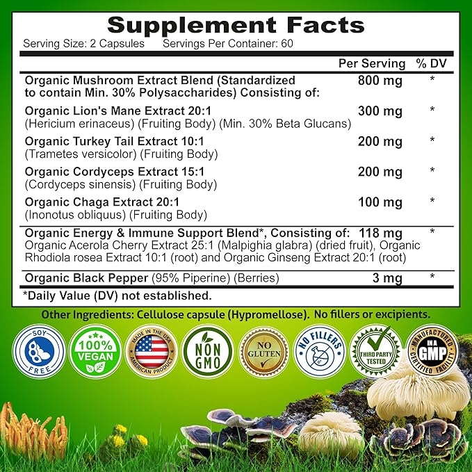 Organic Mushroom Complex: Lion's Mane Turkey Tail Cordyceps Chaga Contains Naturally Occurring Beta Glucans - Organic Energy &amp Immune Support Blend: Rhodiola Rosea Ginseng &amp Acerola Cherr