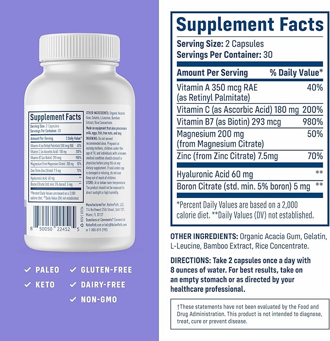 NativePath Collagen Care+ 5 Vitamin Blend with Hyaluronic Acid and Boron That Supports Collagen for Men and Women 60 Capsules (Pack of 2)
