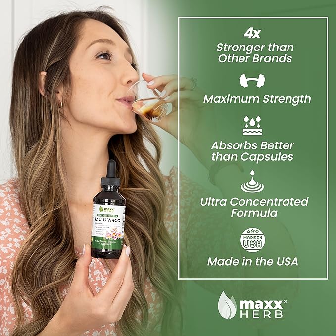 Maxx Herb PAU D'Arco Tincture - Max Strength PAU D Arco Extract for Immune Support Taheebo Tea Inner Bark Absorbs Better Than PAU Darco Capsules – 4 Oz Bottle (60 Servings)