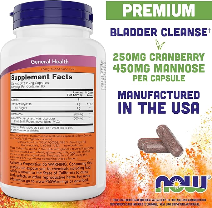 NOW Foods Mannose Cranberry 120 Capsules (Pack of 2) - with PAC - 450mg dMannose 250mg Whole Cranberry - Urinary Tract Health* - Vegan Friendly Supplement Non-GMO