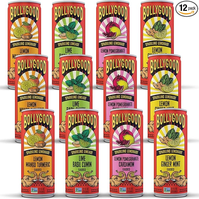 Bollygood Sparkling Lemonade Variety Pack Indian Inspired Beverage Nimbu Pani No Artifical Colors or Flavors Non-GMO Project Verified12 FL OZ Cans (Pack of 12)