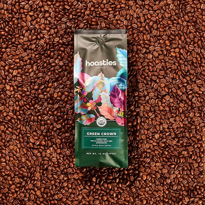 Hoasties Coffee Green Crown - USDA Organic Medium Roast Whole Bean Coffee 100% Colombian Arabica Pesticide &amp Chemical-Free 16 oz