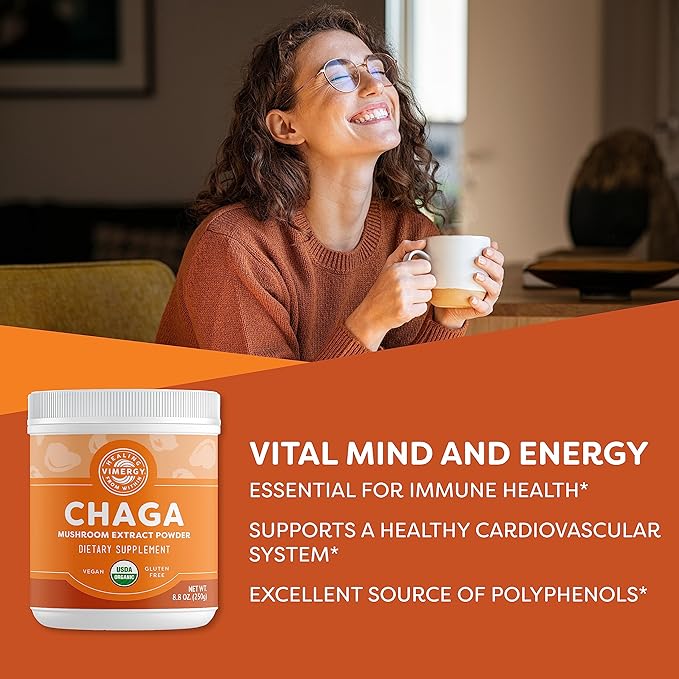 VIMERGY USDA Organic Wild Chaga Mushroom Extract Powder 166 Servings – Ideal in Chaga Tea Coffee Smoothies – Cardiovascular Support - Kosher Vegan No Gluten Paleo - Pure Chaga No Fillers (250g)
