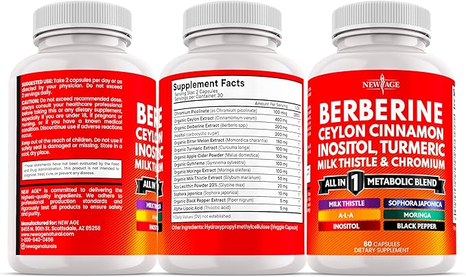 Berberine and Ceylon Cinnamon Supplement - Bitter Melon Glucomannan Gymnema Sylvestre Chromium Moringa Milk Thistle Turmeric Inositol Pills - 180 Count