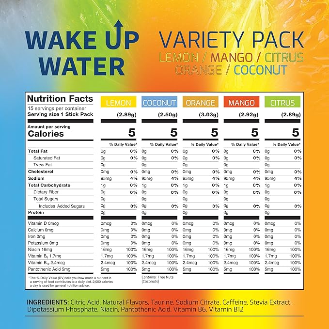 Wake Up Water Energy Drink Mix Sugar Free Clean Energy Powder with Electrolytes &amp B Vitamins Natural Caffeine for Focus &amp Hydration (15 Pack) - Variety