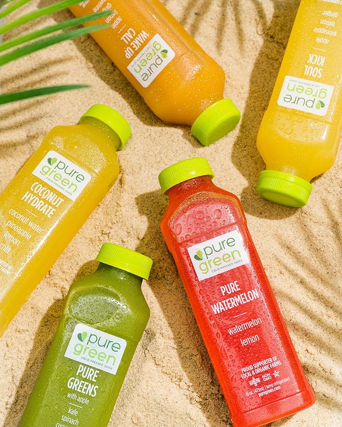 Pure Green Cold Pressed Juice - Pure Greens ALG - Fresh Functional Blend with Apple Lemon Ginger Kale - Natural Gluten Free Non-GMO No Artificial Colors or Flavors - Made from Real Fruits &amp