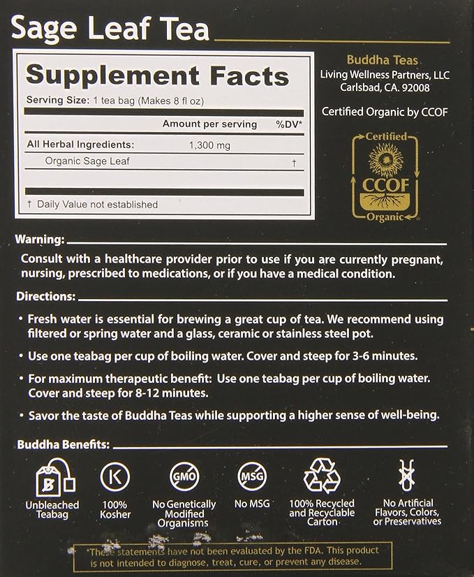Buddha Teas Sage Leaf Tea 18 Count (Pack of 6)