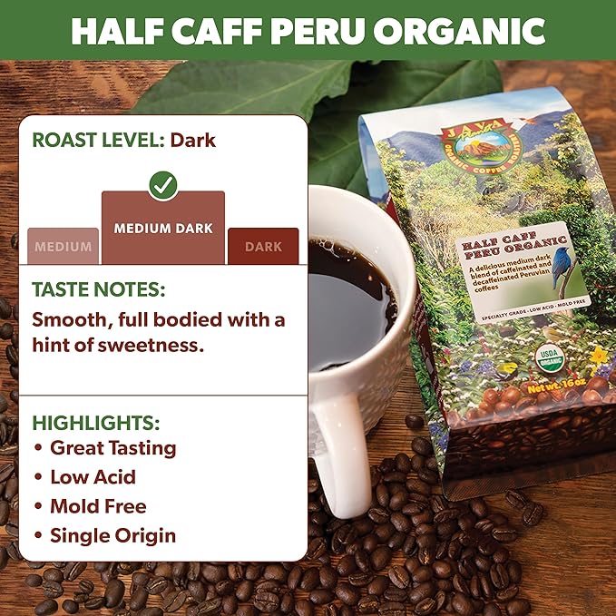 Low Acid Organic Coffee – Whole Bean Mold-Free &amp Stomach Friendly by Java Planet Peruvian Single Origin Half Caff Coffee Medium Dark Roast Arabica Gourmet Coffee Grade A 1LB Bag