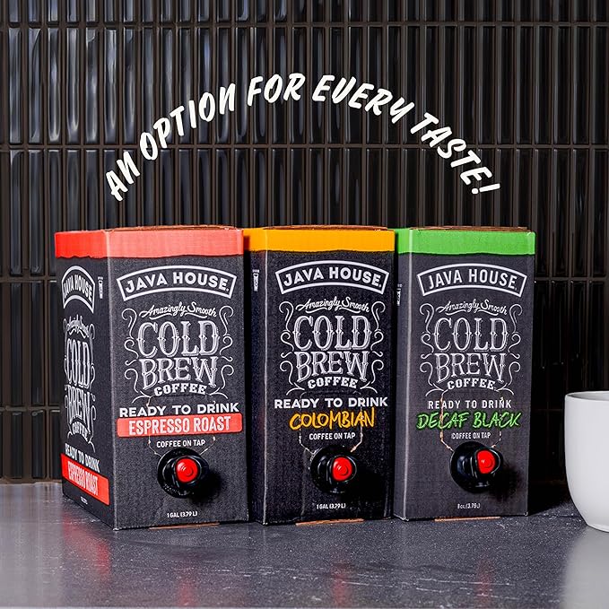 Java House Cold Brew Coffee on Tap (Pack of 2) – Premium 100% Arabica Medium Roast – Smooth Colombian Flavor with Chocolate &amp Caramel Notes – 1 Gallon Box (16 Servings) – Ready to Drink No Brewin