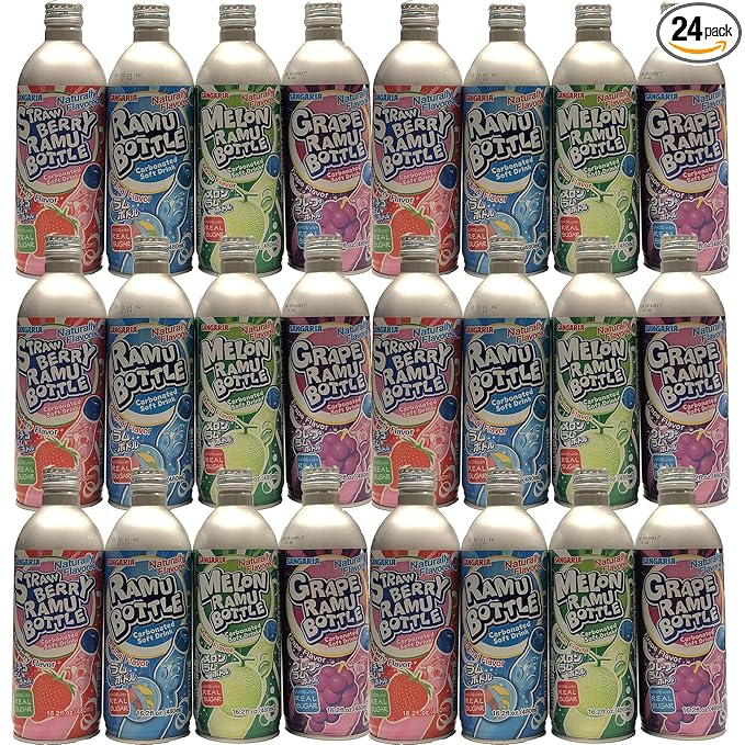 [JapanRare] SANGARIA RAMUNE MIX COMBO (ORIGINAL MELON GRAPE STRAWBERRY) - 24 ALUMINUM BOTTLES 16.2 FL OZ EACH