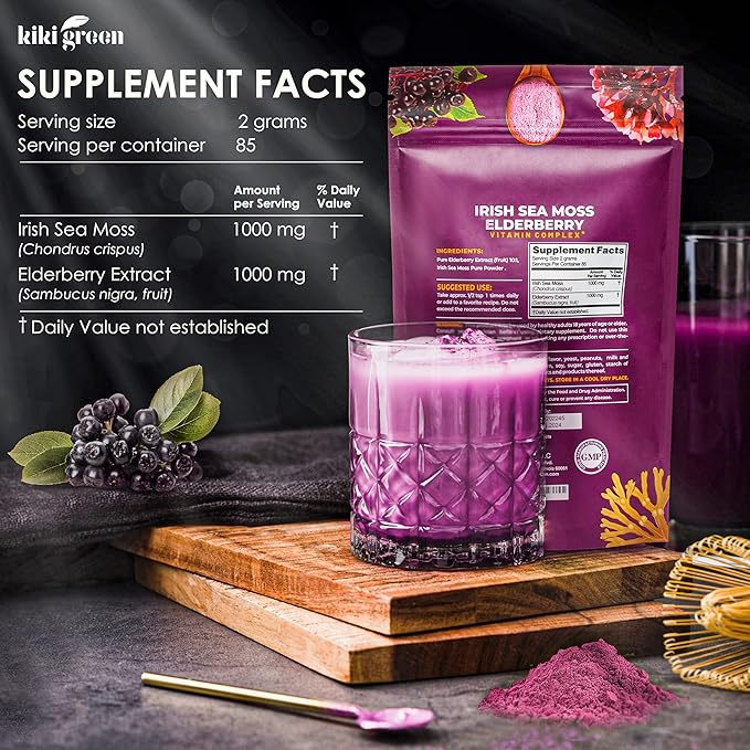 KIKI Green Sea Moss Powder with Elderberry - Vegan Superfood Multivitamin Blend - for Immune Boost and Support - Add to Smoothies Juice 6 oz