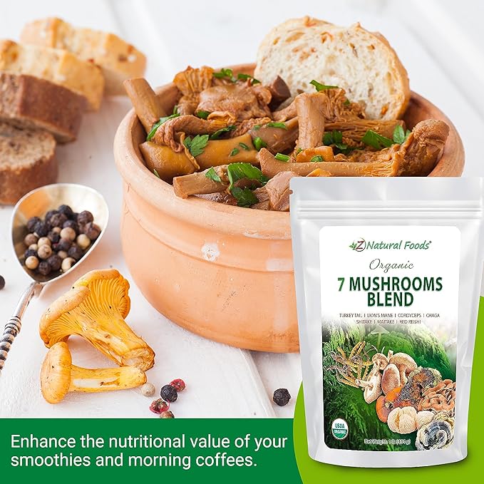 Z Natural Foods Organic 7 Sacred Mushrooms Blend - Lion’s Mane Cordyceps Chaga Red Reishi Shiitake Maitake - Organic Mushroom Powder for Coffee Smoothies 1 lb