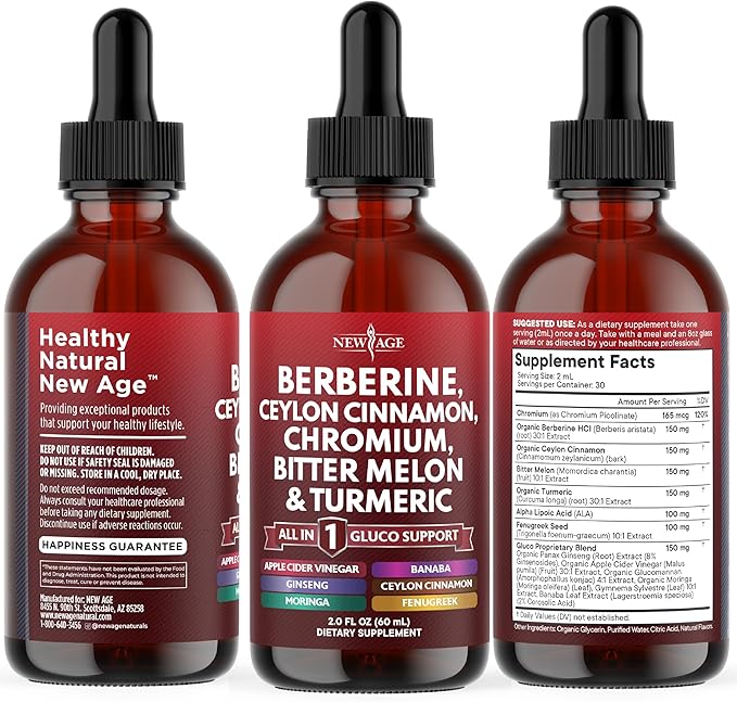 Berberine with Ceylon Cinnamon Supplement Liquid Drops + Bitter Melon Extract Glucomannan Gymnema Chromium Turmeric Panax Ginseng Moringa- 8 OZ