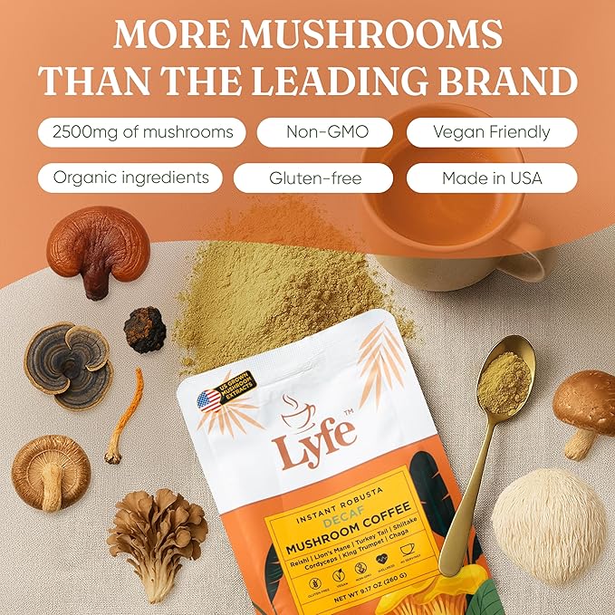 LYFE Organic Instant Decaf Mushroom Coffee 40 Servings – Lion’s Mane Chaga Cordyceps &amp Turkey Tail | Adaptogenic Blend for Energy Focus &amp Wellness | Natural Superfood Coffee for Daily Vita