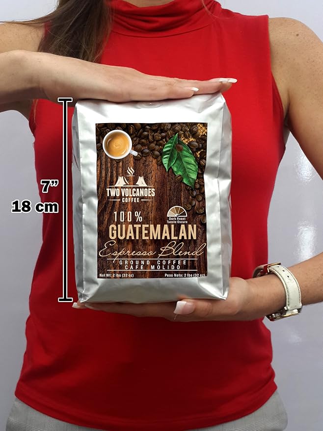 Two Volcanoes Ground Coffee - Dark Roast Espresso Blend - 2 lb bag - Guatemala Delicious Gourmet Coffee. Great for French Press. Get The Kick Enjoy The Smoothness!