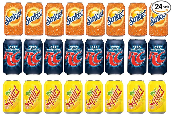 LUV-BOX Variety Soda pack  pack of 24  12 fl oz  SUNKIST ORANGE SODA  RC COLA  SQUIRT GRAPEFRUIT SODA