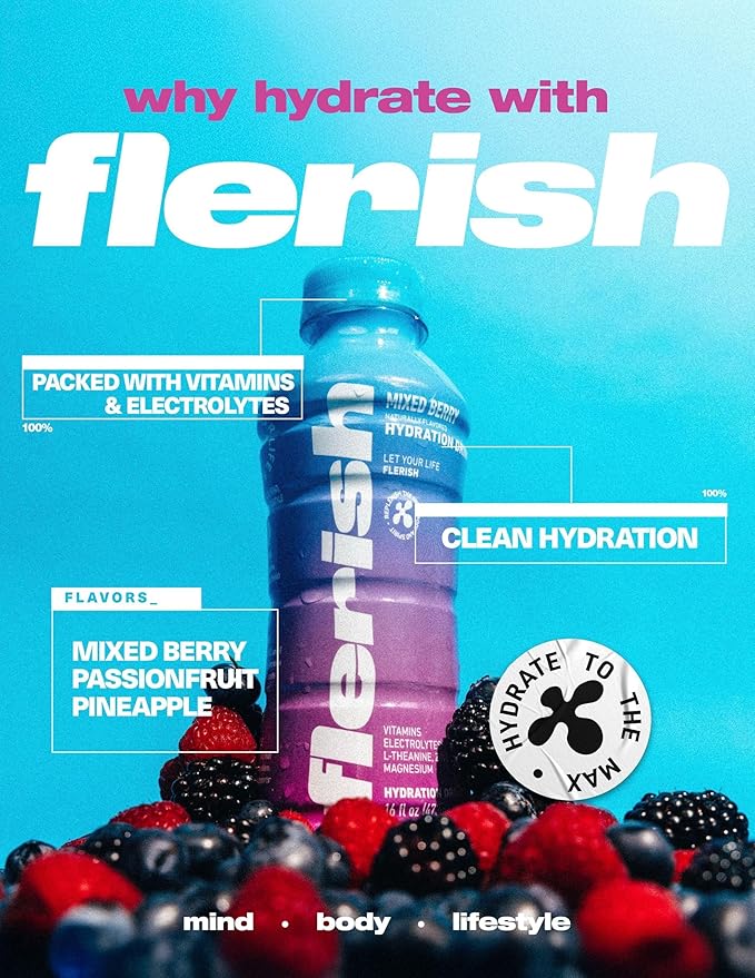 FLERISH Enhanced Hydration Drink Mixed Berry Flavor - Watermelon Based Electrolytes with L-Theanine &amp Magnesium 16 fl oz (Pack of 12)