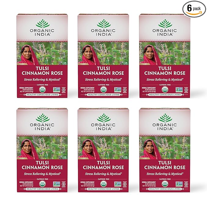 ORGANIC INDIA Tulsi Cinnamon Rose Tea Bags - Tulsi Rose Tea Bags Cinnamon Tea Bags with Holy Basil Chamomile Stevia USDA Certified Organic Caffeine Free Herbal Tea - 18 Infusion Bags 6 Pack