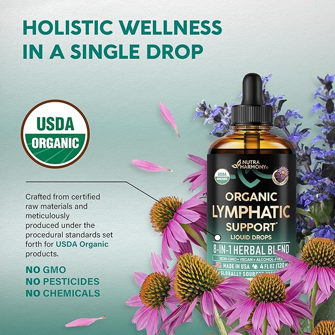 USDA Organic Lymphatic Drainage Supplement - Echinacea | Elderberry | Dandelion | Rosehip | Cleavers | Calendula | Burdock - Made in USA - Lymph System Drops - Immune Support Cleanse &amp Detox 4 f