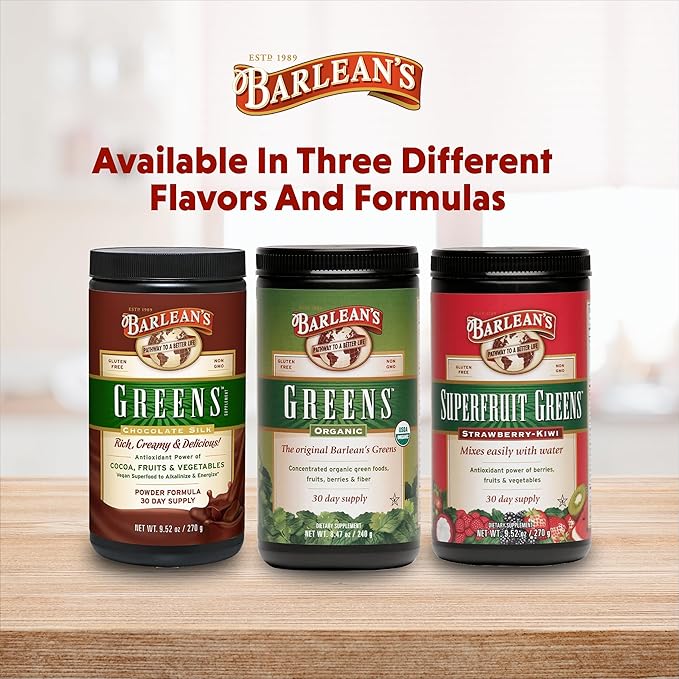 Barlean's Organic Greens Powder Daily Fruit and Vegetable Superfood Supplement with Green Food Protein Probiotic Blend and Fiber Drink Mix 8.47 oz