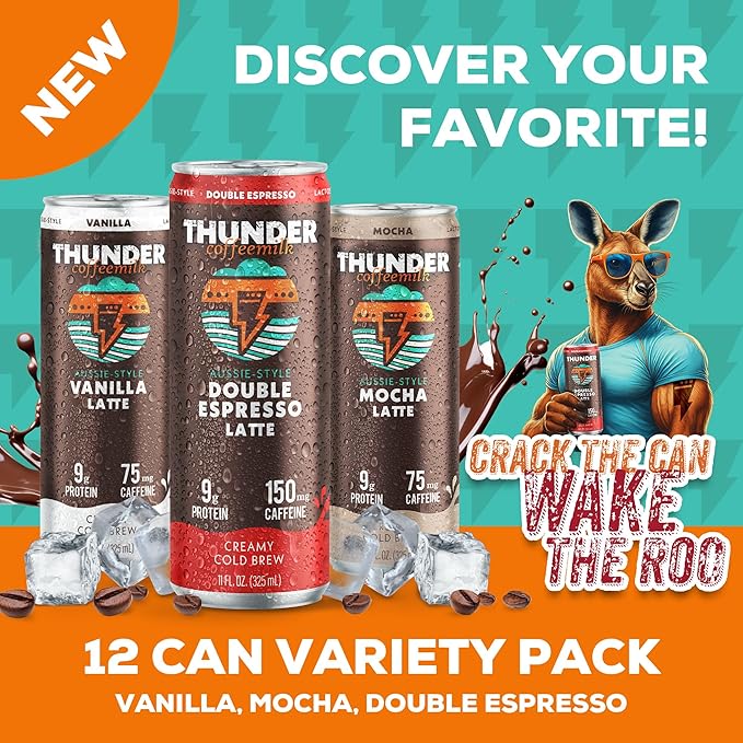 Thunder CoffeeMilk - 11 oz Aussie Style Cold-Brewed Latte Canned Coffee Iced Coffee Cans for Grab &amp Go Natural Protein-Rich 75-150mg Caffeine Energy Drink in Handy Cold Brew Cans 12 Variety Pac