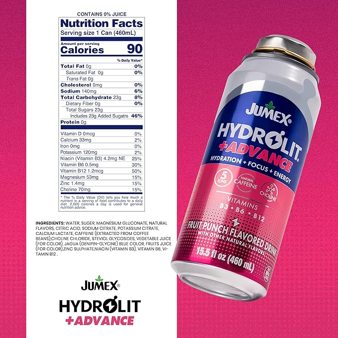 Jumex Hydrolit +Advance Hydration Energy Drinks - 90 Calorie Fruit Punch Sports Drinks - Non Carbonated Electrolyte &amp Vitamin Water with Ions Choline B3 B6 B12 &amp Natural Caffeine - 15.5oz