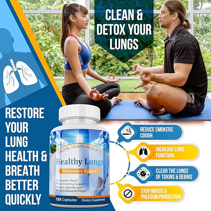 Healthy Lungs 120 Capsules - Improve Lung Function Breathe Better Stop Mucus Phlegm and Allergies Quickly. Get Relief Fast with Healthy Lungs an All Natural Lung Health Supplement