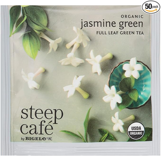 Steep Café Organic Jasmine Green Tea 50 Bags per Box Single Source Premium Whole Leaf Teas in a Sachet Pyramid Bag Individually Wrapped in a Foil Pouch Hot or Iced by Bigelow Tea