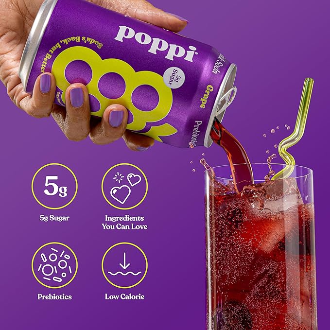 Poppi Sparkling Prebiotic Soda Beverage with Apple Cider Vinegar Seltzer Water and Fruit Juice Grape Flavor 12 Fl Oz Pack of 12 Packaging May Vary