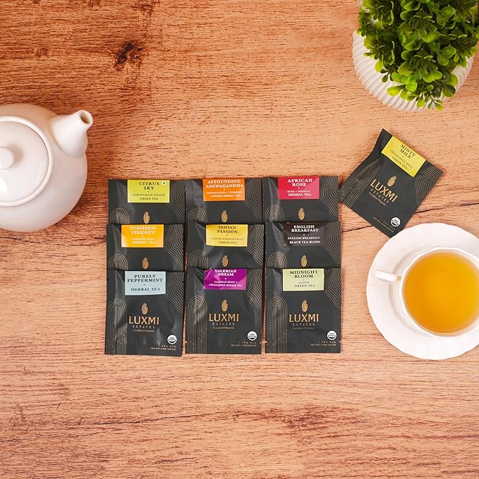 Luxmi Estates - Assortment Pack (60 tea bags *2g each)| 120g pack | Valerian Dream Midnight Bloom Turmeric Timeout Astounding Ashwagandha Purely Peppermint Citrus Sky Minty Mile African Rose I