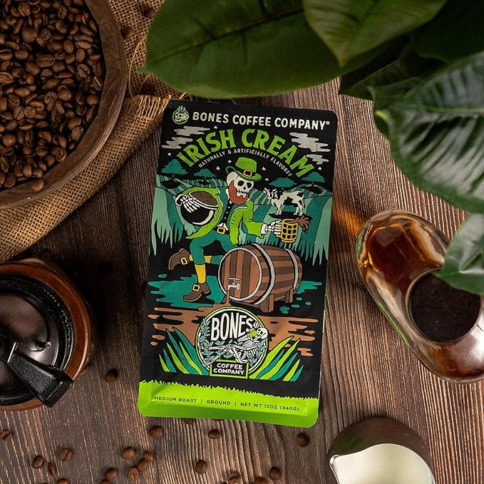 Bones Coffee Company Irish Cream and Highland Grog Flavored Ground Coffee Beans Bundle | 12 oz Medium Roast Arabica Low Acid Coffee Gifts (Ground)