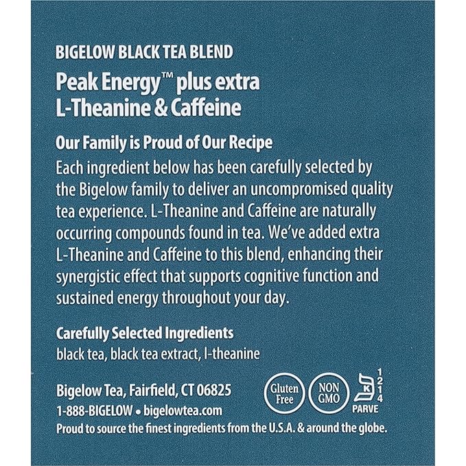 Bigelow Tea Peak Energy plus extra L-Theanine &amp Caffeine 18 Count (Pack of 6) 108 Total Tea Bags